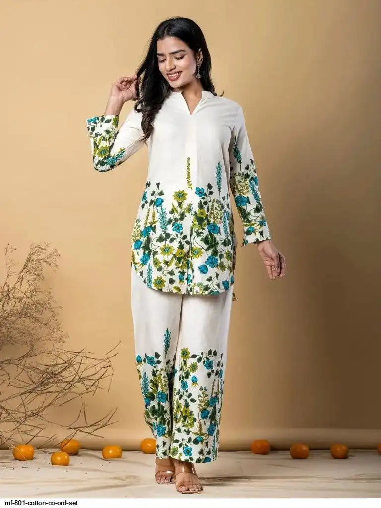 White Floral Printed Pure Cotton Straight Kurta and Pants Co-ord Set by Tareefa MF801