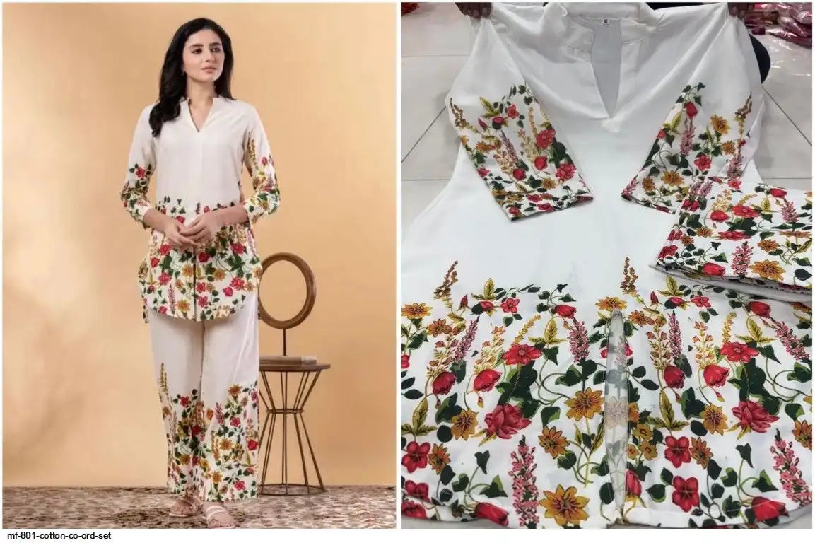 White Floral Printed Pure Cotton Straight Kurta and Pants Co-Ord Set by Tareefa  MF801
